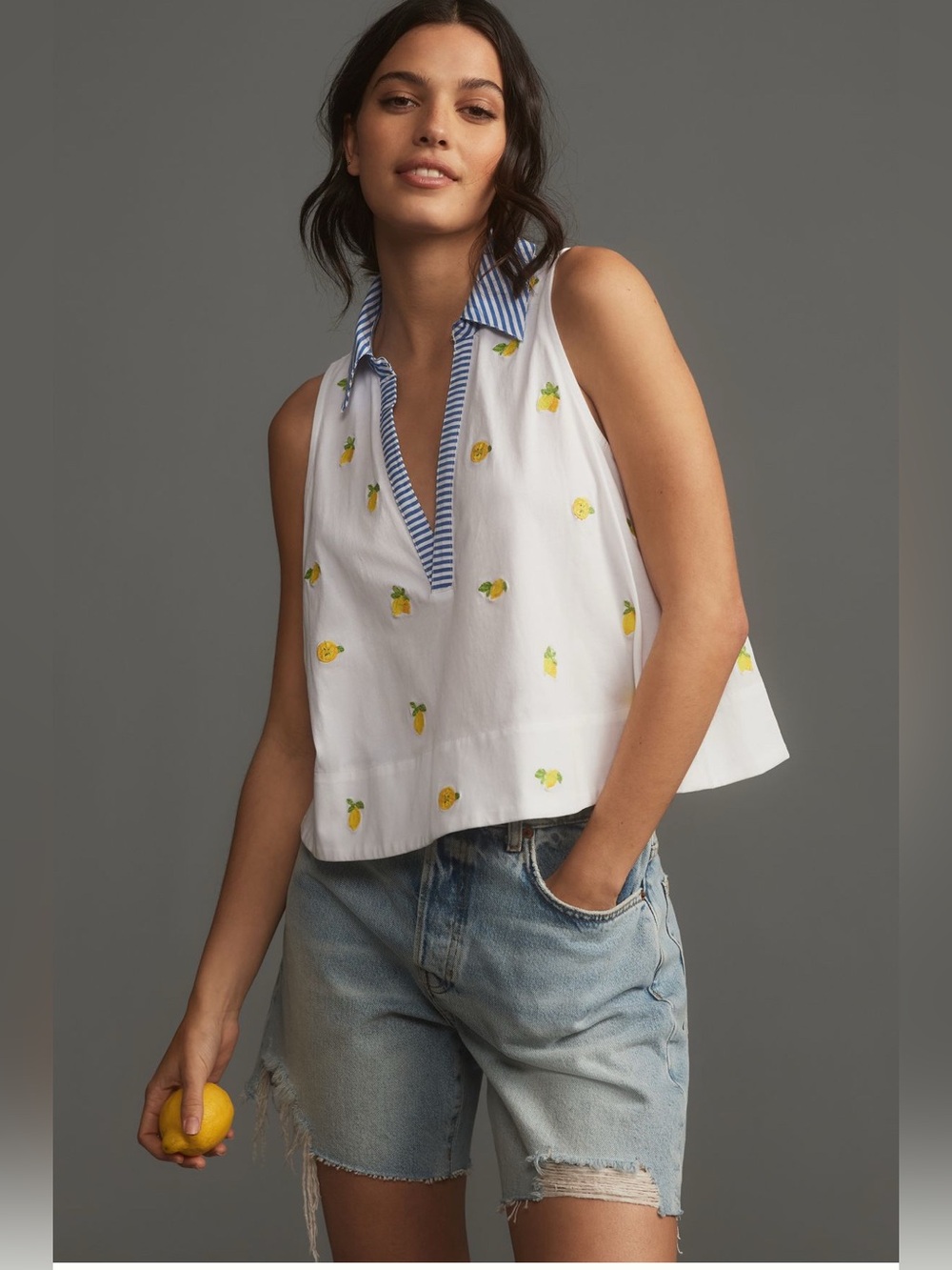 Anthropologie Maeve Sleeveless Swing Popover Top Lemon Embroidery XS